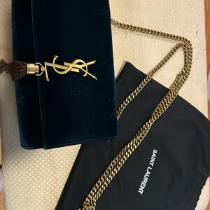 Saint Laurent gold chain blue velvet purse.
